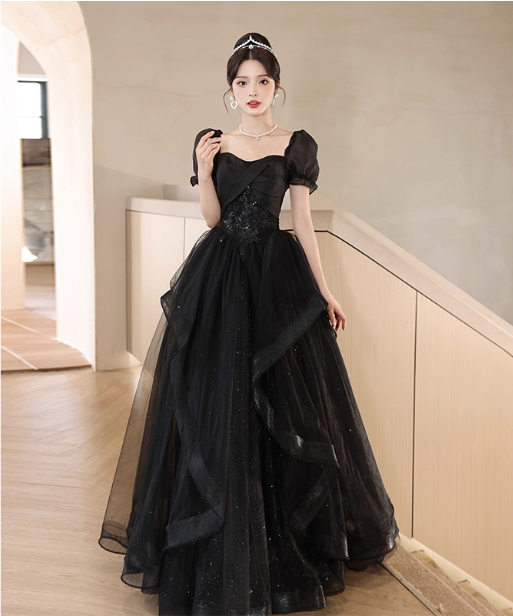 Elegant Black A-Line Square Neck Puff Sleeve Tulle Long Formal Prom Dresses
