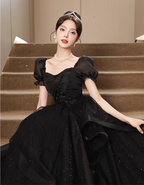 Elegant Black A-Line Square Neck Puff Sleeve Tulle Long Formal Prom Dresses