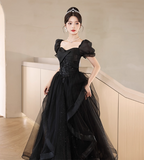 Elegant Black A-Line Square Neck Puff Sleeve Tulle Long Formal Prom Dresses