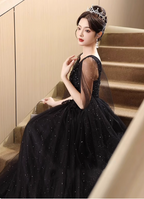 Elegant Black A-Line V-Neck Shawl Lace Tulle Long Formal Prom Dresses