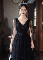 Elegant Black A-Line V-Neck Shawl Lace Tulle Long Formal Prom Dresses
