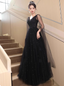 Elegant Black A-Line V-Neck Shawl Lace Tulle Long Formal Prom Dresses
