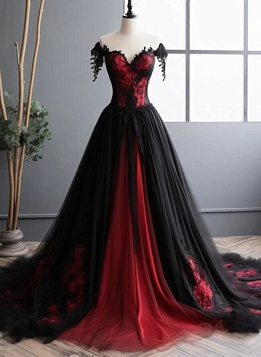 Elegant Black And Red Tulle With Lace Off Shoulder Gown, Black And Red Formal Prom Dresses