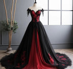 Elegant Black And Red Tulle With Lace Off Shoulder Gown, Black And Red Formal Prom Dresses