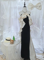 Elegant Black And White Color-Blocked Mermaid Strapless Velvet Satin Long Formal Prom Dresses