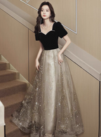Elegant Black & Gold Panel Short Sleeve Velvet Tulle A-Line Long Formal Prom Dresses