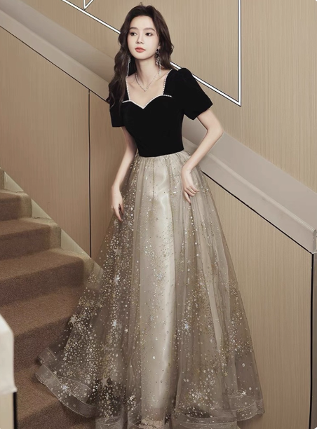 Elegant Black & Gold Panel Short Sleeve Velvet Tulle A-Line Long Formal Prom Dresses