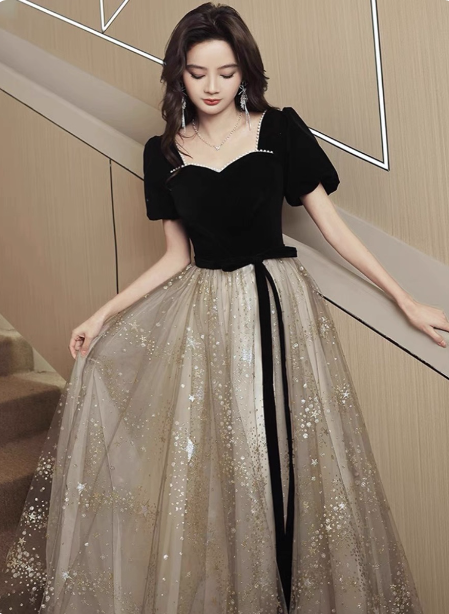 Elegant Black & Gold Panel Short Sleeve Velvet Tulle A-Line Long Formal Prom Dresses