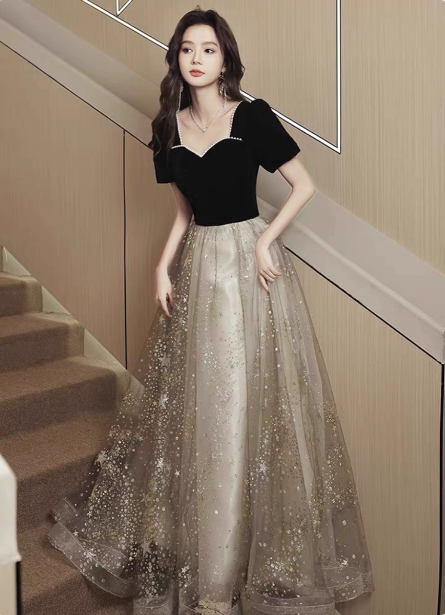 Elegant Black & Gold Panel Short Sleeve Velvet Tulle A-Line Long Formal Prom Dresses Main image