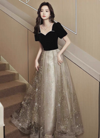 Elegant Black & Gold Panel Short Sleeve Velvet Tulle A-Line Long Formal Prom Dresses