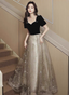 Elegant Black & Gold Panel Short Sleeve Velvet Tulle A-Line Long Formal Prom Dresses