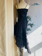 Elegant Black Irregular Pleated Halter Satin Formal Prom Dresses