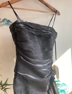 Elegant Black Irregular Pleated Halter Satin Formal Prom Dresses
