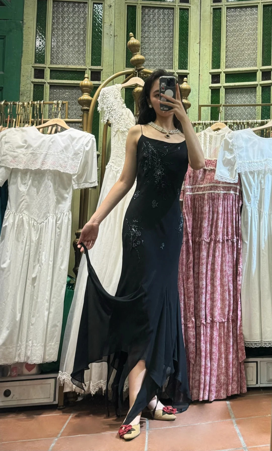 Elegant Black Irregular Strap Beaded Chiffon Long Formal Prom Dresses