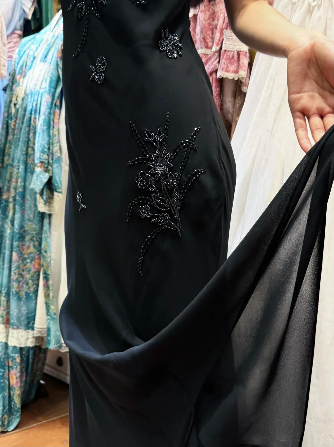 Elegant Black Irregular Strap Beaded Chiffon Long Formal Prom Dresses