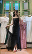 Elegant Black Irregular Strap Beaded Chiffon Long Formal Prom Dresses