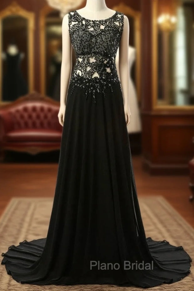 Elegant Black Long Evening Dresses Beading Chiffon Sleeveless Main image