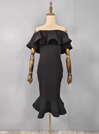 Elegant Black Mermaid Off-The-Shoulder Ruffled Satin Formal Prom Dresses