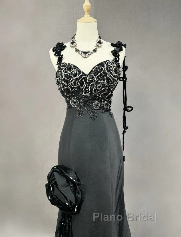 Elegant Black Mermaid Satin Beaded Sequin Long Formal Prom Dresses, Sweetheart Neck Evening Dresses Secondary image