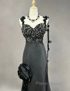 Elegant Black Mermaid Satin Beaded Sequin Long Formal Prom Dresses, Sweetheart Neck Evening Dresses