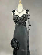 Elegant Black Mermaid Satin Beaded Sequin Long Formal Prom Dresses, Sweetheart Neck Evening Dresses