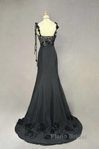 Elegant Black Mermaid Satin Beaded Sequin Long Formal Prom Dresses, Sweetheart Neck Evening Dresses