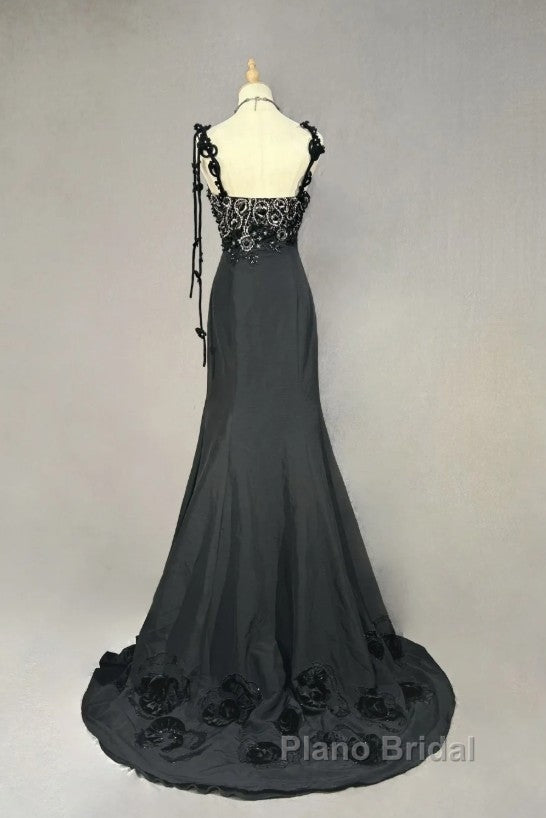 Elegant Black Mermaid Satin Beaded Sequin Long Formal Prom Dresses, Sweetheart Neck Evening Dresses