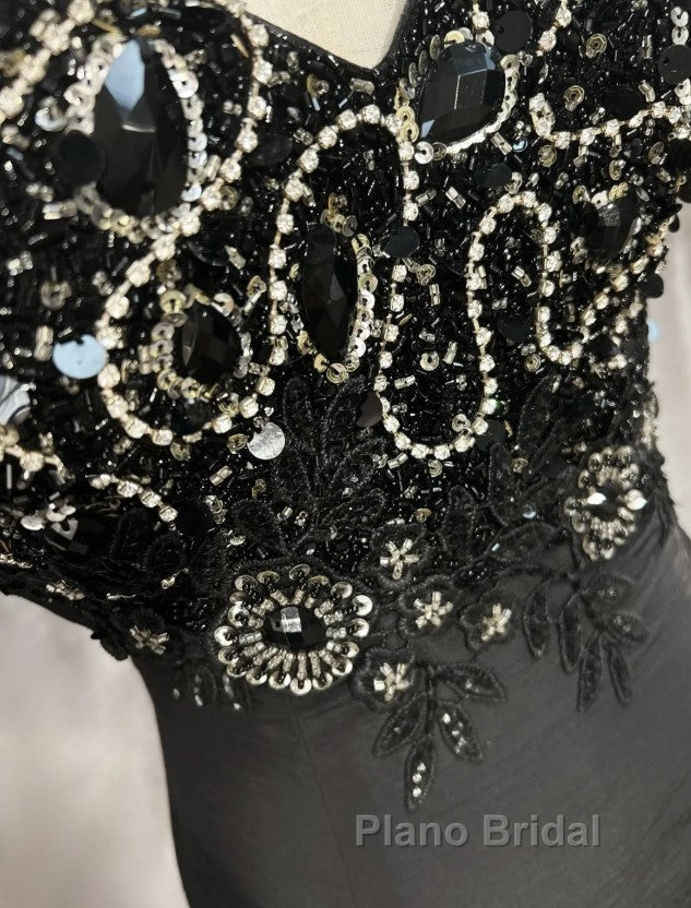 Elegant Black Mermaid Satin Beaded Sequin Long Formal Prom Dresses, Sweetheart Neck Evening Dresses