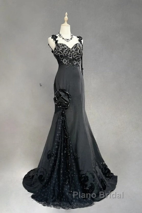 Elegant Black Mermaid Satin Beaded Sequin Long Formal Prom Dresses, Sweetheart Neck Evening Dresses