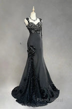 Elegant Black Mermaid Satin Beaded Sequin Long Formal Prom Dresses, Sweetheart Neck Evening Dresses