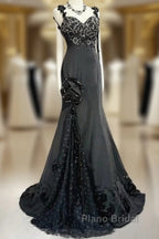 Elegant Black Mermaid Satin Beaded Sequin Long Formal Prom Dresses, Sweetheart Neck Evening Dresses