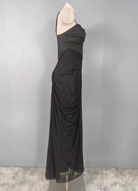 Elegant Black Mermaid Spaghetti Strap Ruched Chiffon Long Formal Prom Dresses