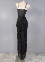 Elegant Black Mermaid Spaghetti Strap Ruched Chiffon Long Formal Prom Dresses