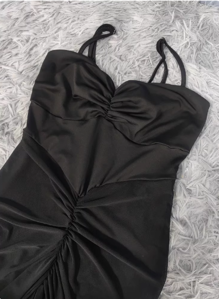 Elegant Black Mermaid Spaghetti Strap Ruched Chiffon Long Formal Prom Dresses