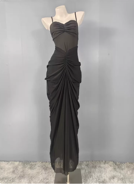 Elegant Black Mermaid Spaghetti Strap Ruched Chiffon Long Formal Prom Dresses Main image