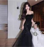 Elegant Black Mermaid Strapless Feather Sequined Tulle Formal Prom Dresses