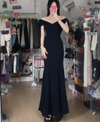 Elegant Black Mermaid V-Neck Bow Strap Satin Long Formal Prom Dresses