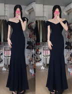 Elegant Black Mermaid V-Neck Bow Strap Satin Long Formal Prom Dresses