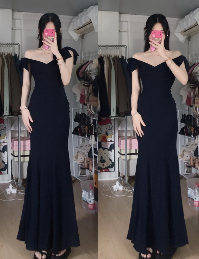 Elegant Black Mermaid V-Neck Bow Strap Satin Long Formal Prom Dresses
