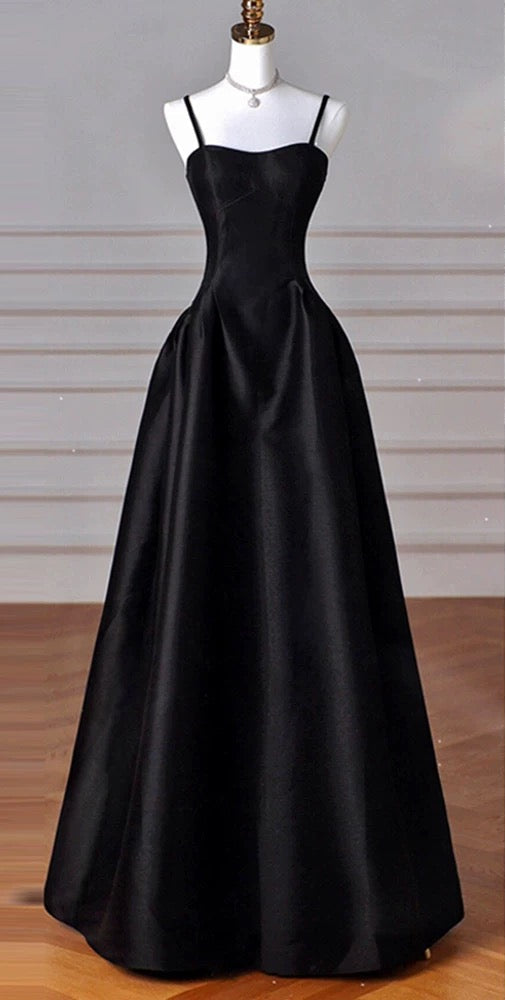 Elegant Black A-Line Satin Long Formal Prom Dresses Long Formal Prom Dresses