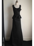 Elegant Black Pleated U-Neck Mermaid Satin Long Formal Prom Dresses