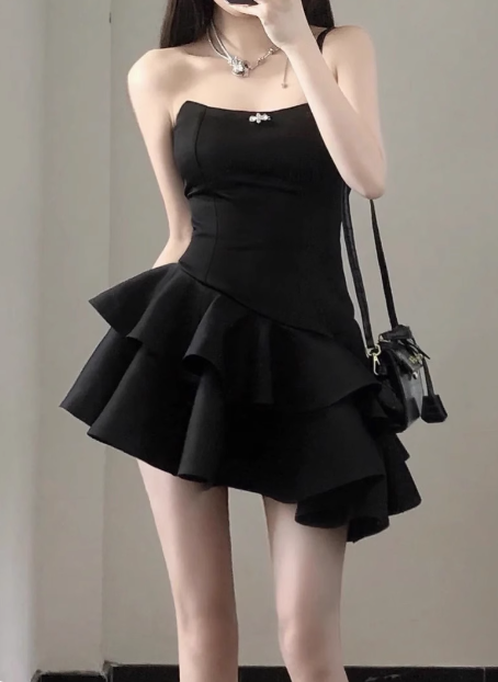 Elegant Black Satin Tube Top Irregular Birthday Tutu Homecoming Dresses Main image