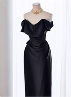 Elegant Black Slim-Fit Off-The-Shoulder Satin Long Formal Prom Dresses