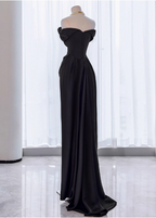 Elegant Black Slim-Fit Off-The-Shoulder Satin Long Formal Prom Dresses