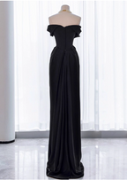 Elegant Black Slim-Fit Off-The-Shoulder Satin Long Formal Prom Dresses