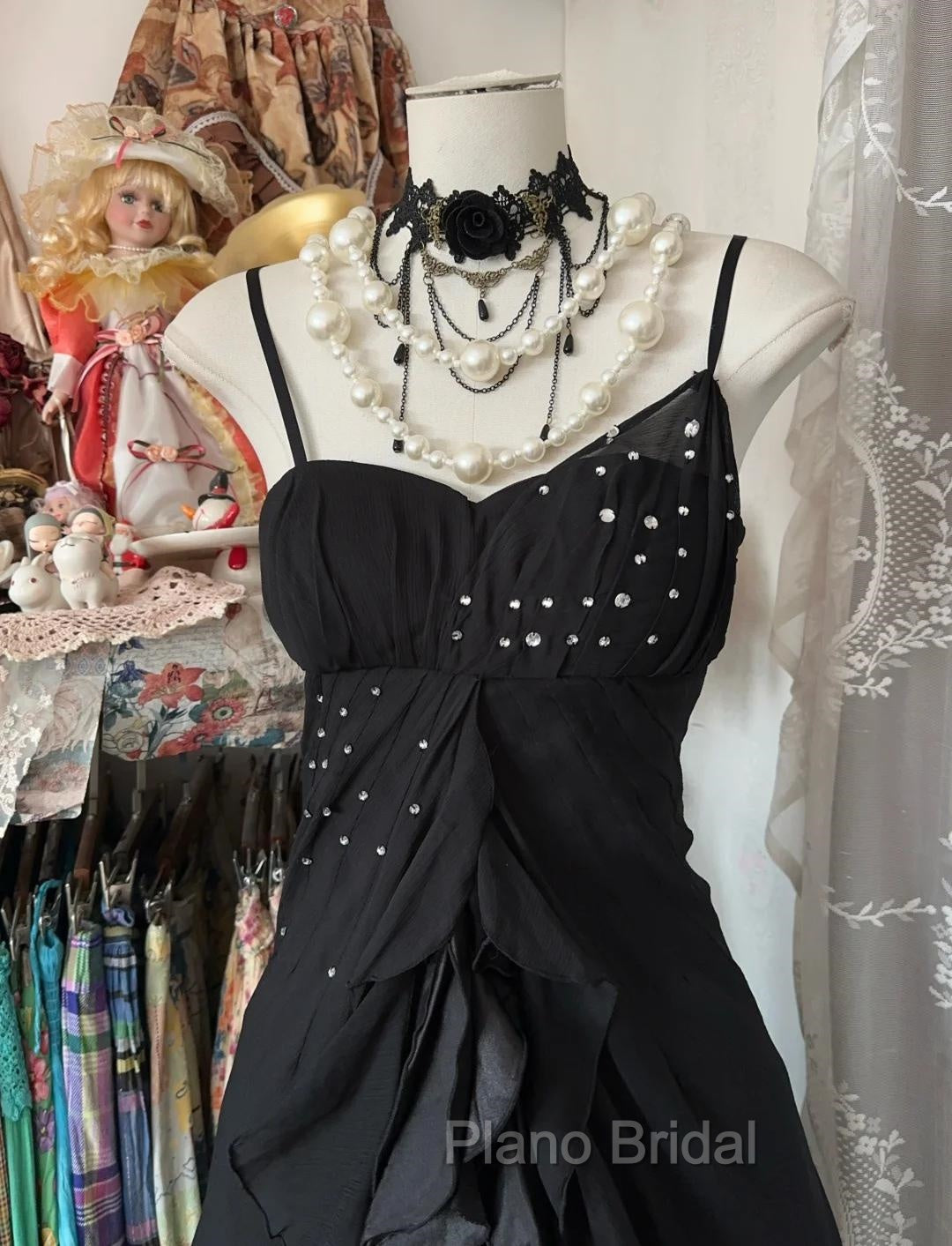 Elegant Black Spaghetti Strap Mermaid Chiffon Formal Prom Dresses Secondary image