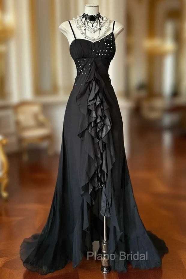 Elegant Black Spaghetti Strap Mermaid Chiffon Formal Prom Dresses