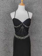 Elegant Black Spaghetti Strap Sequin Beaded Split Chiffon Long Formal Prom Dresses