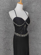 Elegant Black Spaghetti Strap Sequin Beaded Split Chiffon Long Formal Prom Dresses