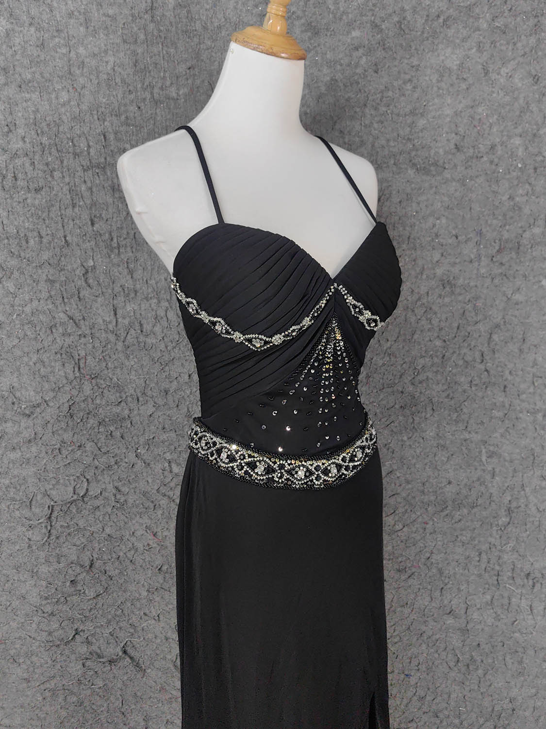 Elegant Black Spaghetti Strap Sequin Beaded Split Chiffon Long Formal Prom Dresses
